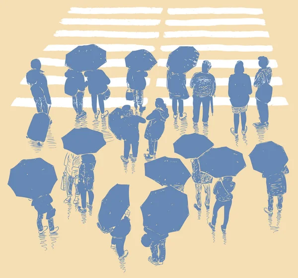 Vector Drawing Silhouettes Citizens Umbrellas Standing Wait Pedestrian Zebra Crosswalk — Stock Vector