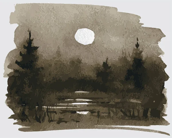 Watercolor Monochrome Drawing Landscape Fir Forest Moonlit Night — Stockvektor