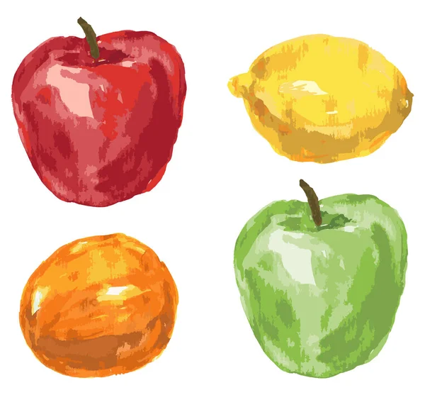 Watercolor Vector Drawing Ripe Red Green Apple Lemon Tangerine — Wektor stockowy