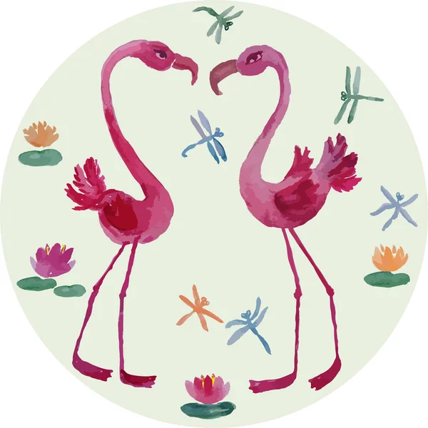 Watercolor Vector Drawings Two Cartoon Pink Flamingos Flying Dragonflies Water — Stockvector