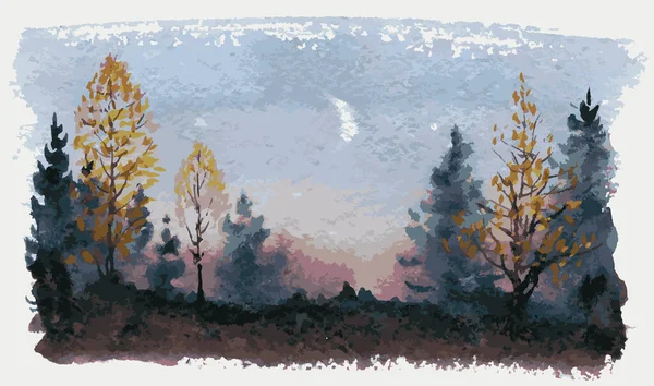 Watercolor Vector Illustration Autumn Forest Landscape Evening Sunset — стоковый вектор