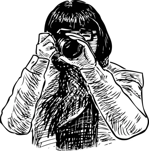 Freehand Σχέδιο Του Φωτογράφου Κορίτσι Λήψη Φωτογραφιών Στην Κάμερα Της — Διανυσματικό Αρχείο