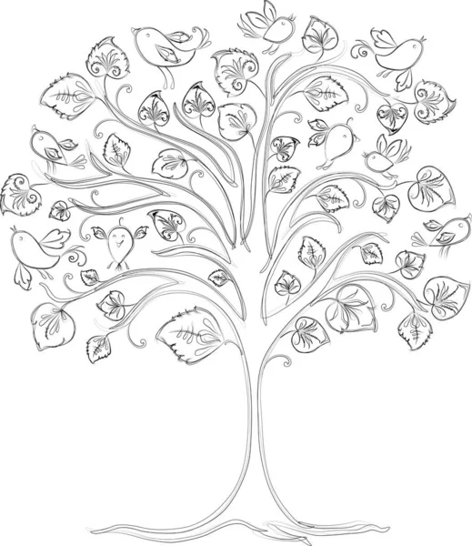 Контурный Рисунок Фантастической Елки Декоративными Листьями Птицами — стоковый вектор