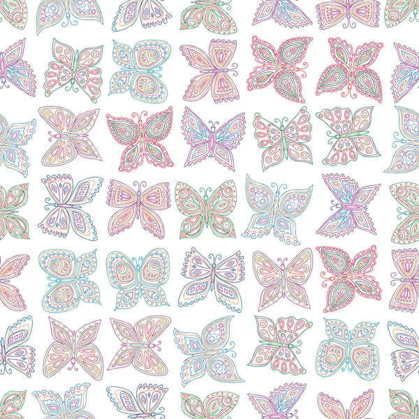 Płynny Wzór Zarysów Różnych Kolorowych Motyli Ozdobnych — Wektor stockowy