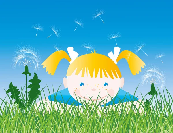 Vector illustration of little cheerful girl lying in meadow grass with dandelions on summer day