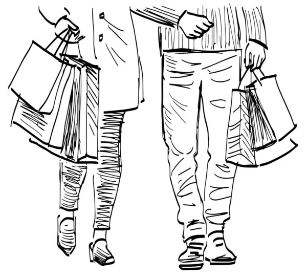 Σχεδιάστε Σκίτσο Των Πολιτών Ζευγάρι Πόδια Τσάντες Ψώνια Εξωτερικούς Χώρους — Διανυσματικό Αρχείο