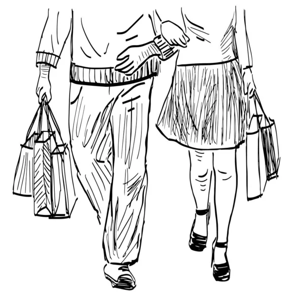 Dışarıdaki Alışveriş Çantalarıyla Gezen Iki Kasaba Insanının Karalama Çizimini Yapın — Stok Vektör