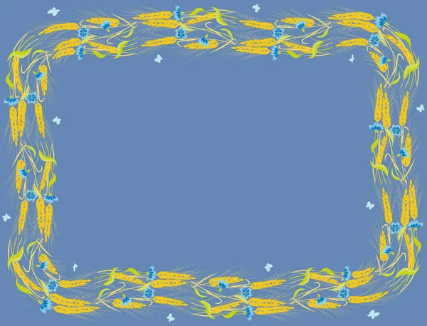 Decoratieve Rand Van Oren Rijpe Tarwe Blauwe Korenbloemen — Stockvector