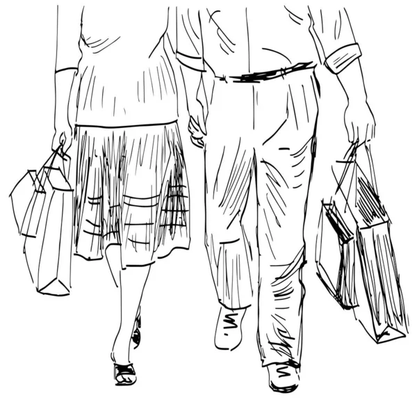 Esquema Dibujo Garabatos Personas Ciudad Pareja Caminando Con Bolsas Compras — Vector de stock