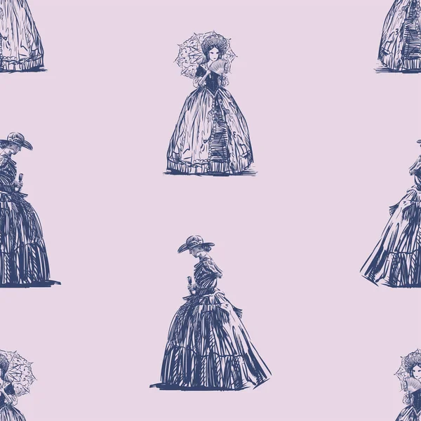 Fondo Sin Costuras Bocetos Damas Trajes Vintage Del Siglo — Vector de stock