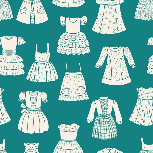 各种儿童连衣裙的无缝轮廓图案 — 图库矢量图片