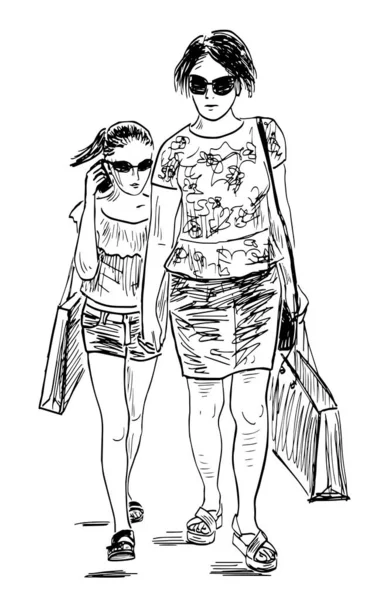 Skizze Einer Stadtfrau Mit Tochter Sonnenbrille Und Einkaufstüten Die Einem — Stockvektor