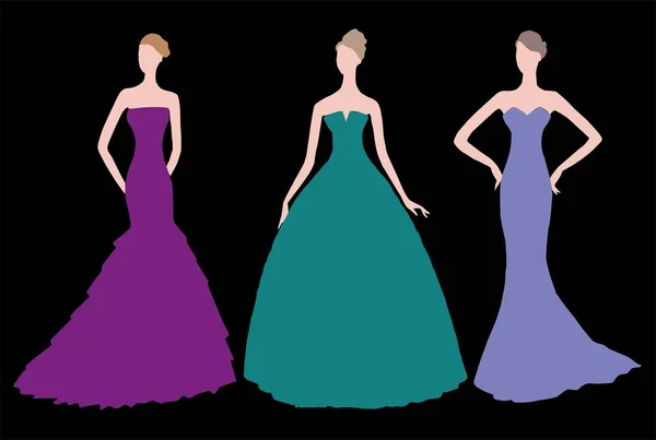 Vektorzeichnung Von Silhouetten Schlanke Junge Frauen Abendkleidern — Stockvektor