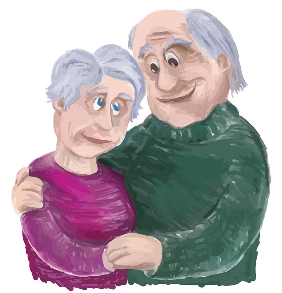 Yaşlı Eşlerin Şefkatle Sarıldığı Suluboya Fırça Çizimi — Stok Vektör