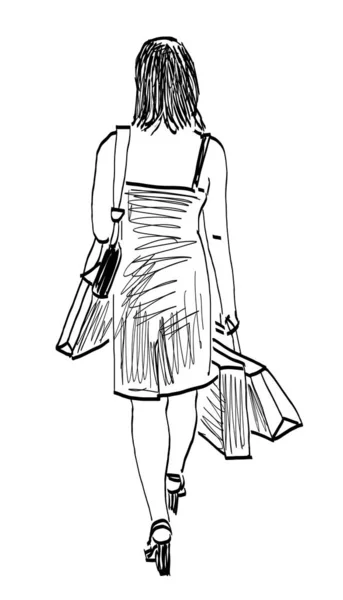 Skizze Einer Jungen Schlanken Stadtfrau Mit Einkaufstüten Die Einem Sommertag — Stockfoto