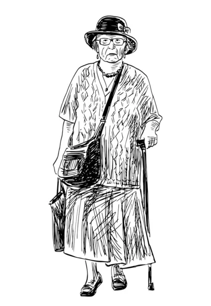 Croquis Vieille Femme Décontractée Chapeau Avec Canne Pied Promenant Extérieur — Image vectorielle