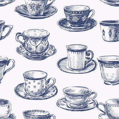 Çizimlerin kusursuz deseni çeşitli klasik çay fincanlarını oluşturur. 