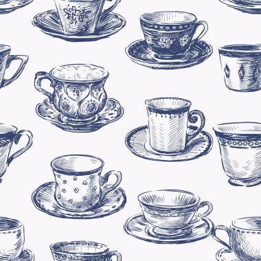 Seamless pattern of sketches set various vintage tea cups  clipart
