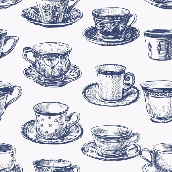 素描的无缝图案设置了各种老式茶杯 — 图库矢量图片