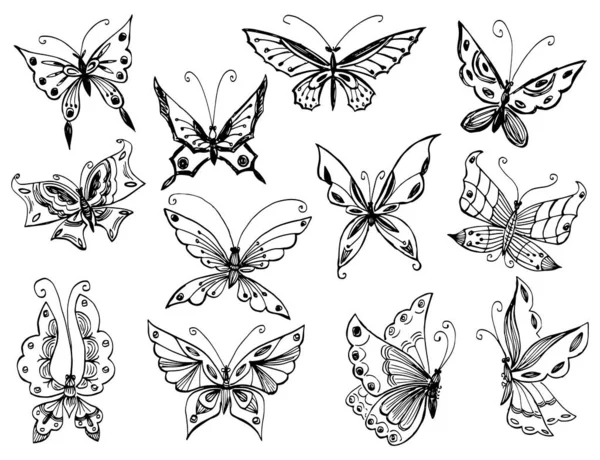 Dibujos Contorno Varias Mariposas Decorativas Fantasía — Vector de stock