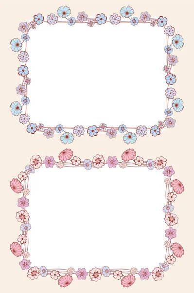 Декоративні Вітальні Листівки Квітковими Кордонами Ніжних Синіх Рожевих Бузкових Ромашок — стоковий вектор