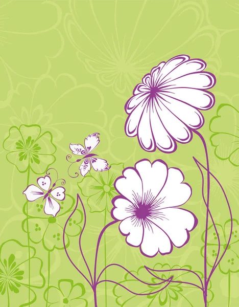 装饰矢量花卉贺卡与轮廓绽放奇幻花朵和蝴蝶 — 图库矢量图片