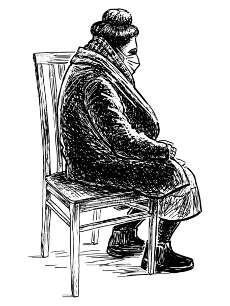 Ручной Рисунок Уставшей Пожилой Женщины Маске Сидящей Стуле — стоковый вектор