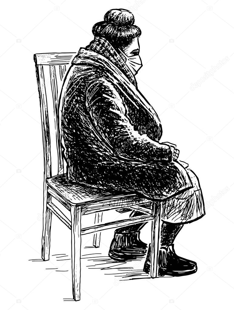 Hand drawing of casual tired elderly woman in mask sitting on chair