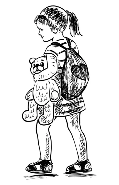 Sketch Cute Little Girl Teddy Bear Backpack Walking Outdoors Summer — Stock Vector