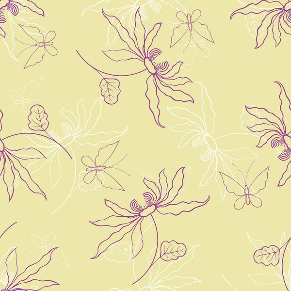 概要のシームレスな背景装飾蘭の花や飛んで蝶 — ストックベクタ