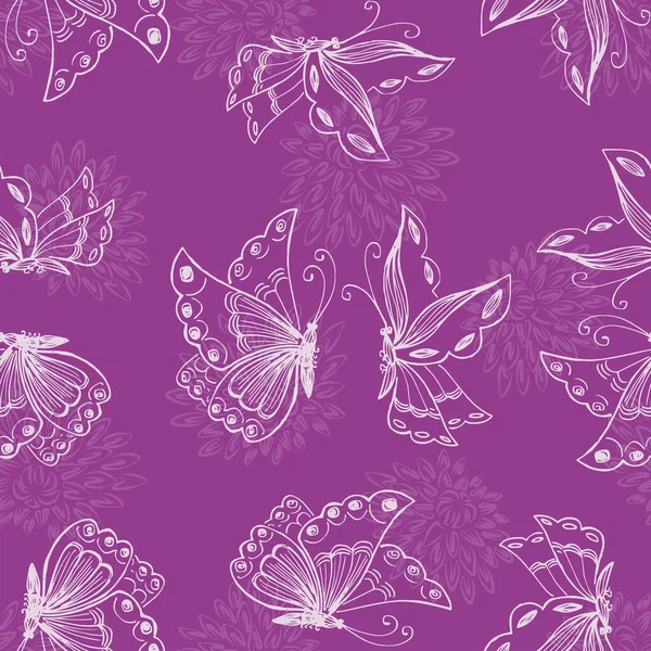 Bezešvé Vzor Obrysů Dekorativní Létající Motýli Siluety Chryzantémy Květiny — Stockový vektor