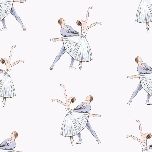 Naadloos Patroon Van Schetsen Koppels Sierlijke Dansers Dansen Klassiek Ballet — Stockvector