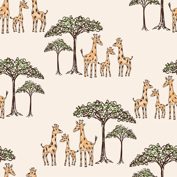 Seamless Background Drawn Cartoon Funny Families Giraffes Baobabs Hot Savannah — Stock Vector