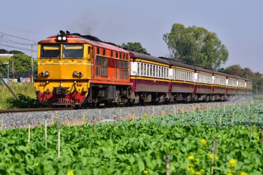 Tayland 'da demiryolunda dizel lokomotifle yolcu treni.
