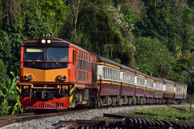 Passenger train by diesel locomotive on the northern railway in Thailand.