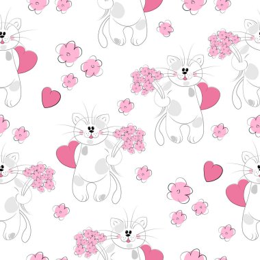  Bir buket çiçekli beyaz kedili desen. Sevgi. Düğün. Kumaş, kağıt ve arka plan için uygun. Vektör grafikleri. 