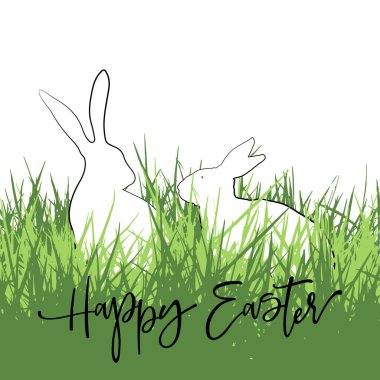  Çimlerin üzerinde tavşanlar olan Paskalya tebrik kartın kutlu olsun. Vektör grafikleri. Yazdırma, poster, arkaplan, pankart için uygun.