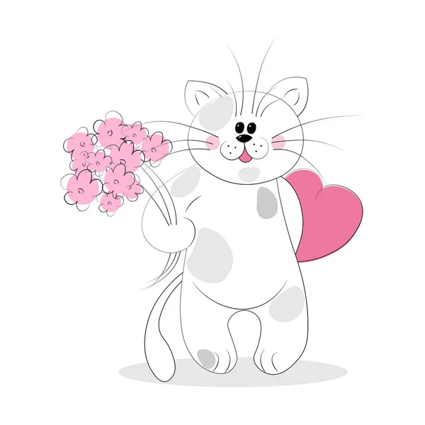 White Cat Bouquet Flowers Love Suitable Print Postcard Poster Vector — Stock Vector