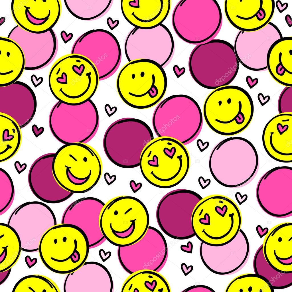  Modern bright pattern with cheerful emoticons.Holiday.Valentine's day.Suitable for paper, fabric, wallpaper. 