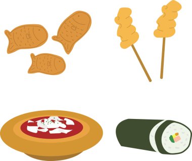 Kore yemek vektörü kırmızı fasulyeli balık keki, balık keki, kırmızı pirinç keki ve kimbaptan oluşur.