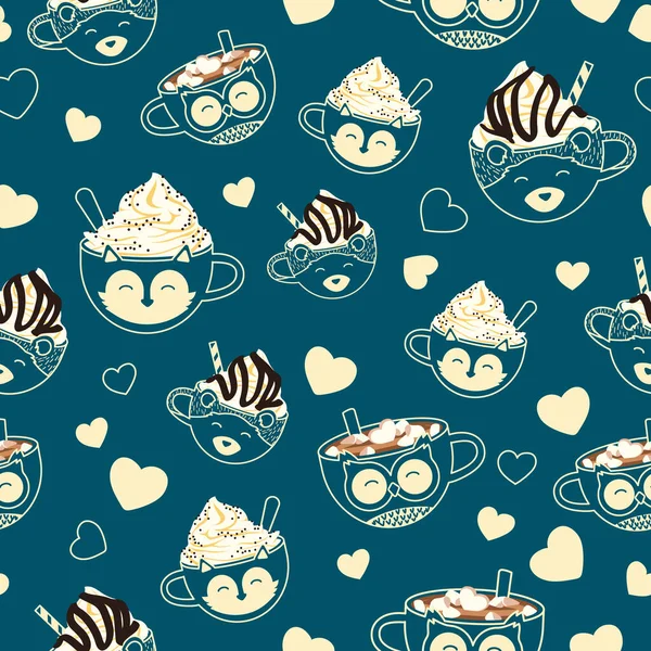 Vector Hot Chocolate Animal Bardakları mavi arka planda kusursuz desen. Kumaş, hatıra defteri ve duvar kağıdı projeleri için mükemmel.