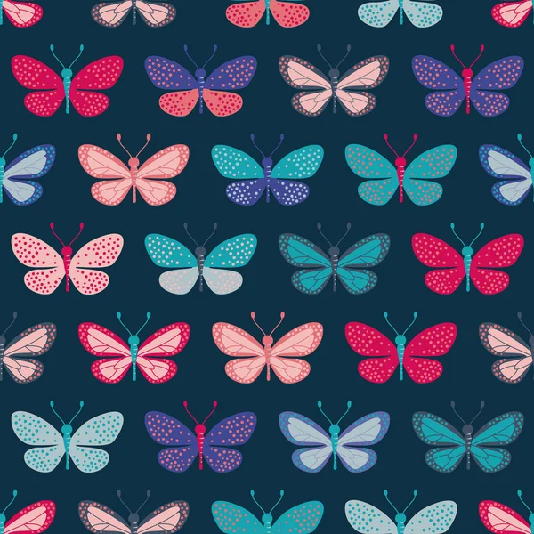 Filas con colección de mariposas de colores sobre fondo oscuro — Vector de stock