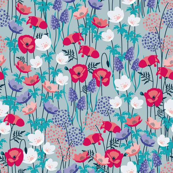 Haşhaş, Anemone ve Allium çiçekli kır çiçeği bahçesi.