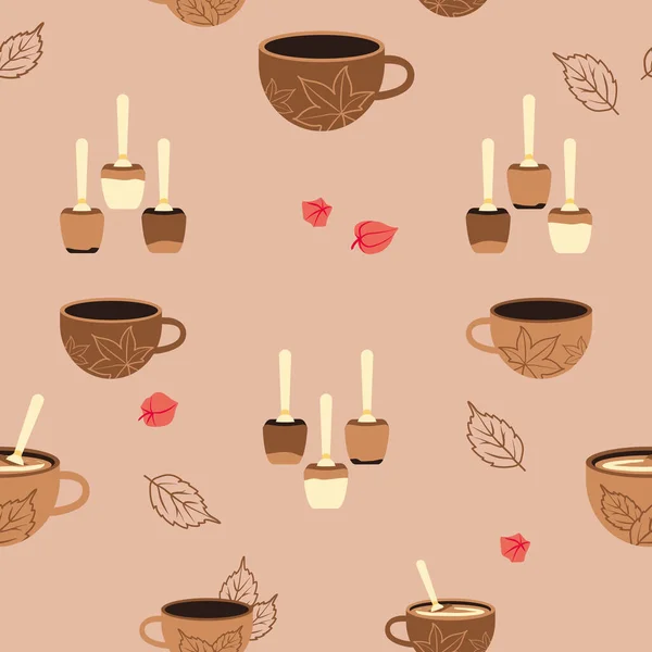 Vector Sıcak Çikolata ve Çikolata Kaşıkları koyu kahverengi arka planda pürüzsüz desen. Kumaş, hatıra defteri ve duvar kağıdı projeleri için mükemmel.