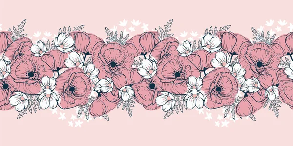 ビンテージピンクのポピー、アリウム、ホワイトアネモネの花の国境 — ストックベクタ