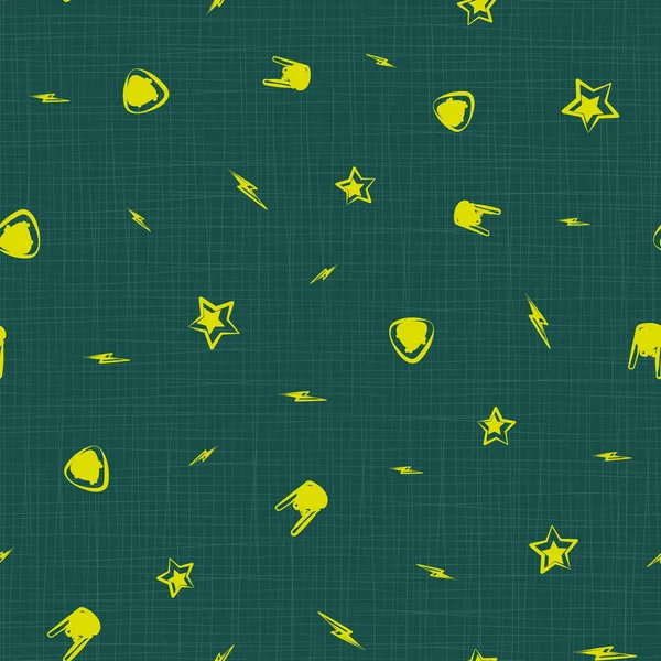 Vector Simple Rock and Roll, Plectrums Şeytan Boynuzları, Yıldızlar ve Şimşekler koyu yeşil arka planda kusursuz desen. Kumaş, hatıra defteri ve duvar kağıdı projeleri için mükemmel.
