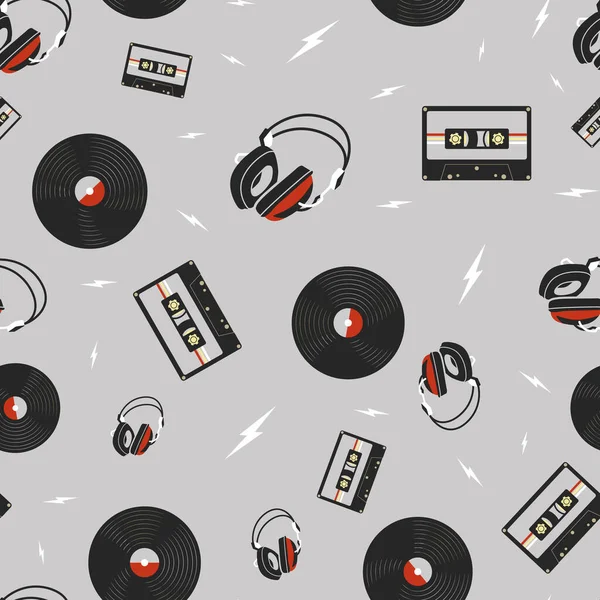 Vector Rock Roll Headphone Vinyl Records Mix Tapes Seamless Pattern — 스톡 벡터