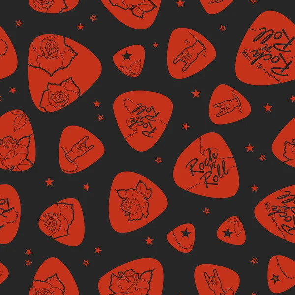 Vector Red Rock and Roll Plectrums ve dikenli güller ve şeytanların boynuzları siyah arka planda pürüzsüz desenli. Kumaş, hatıra defteri ve duvar kağıdı projeleri için mükemmel.