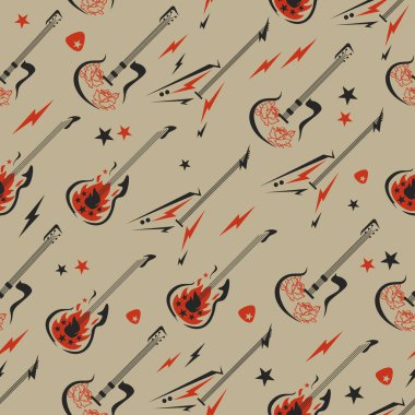 Vector Rock and Roll gitarları, kahverengi gri arka plana köşegen yerleştirilmiş. Kumaş, hatıra defteri ve duvar kağıdı projeleri için mükemmel.