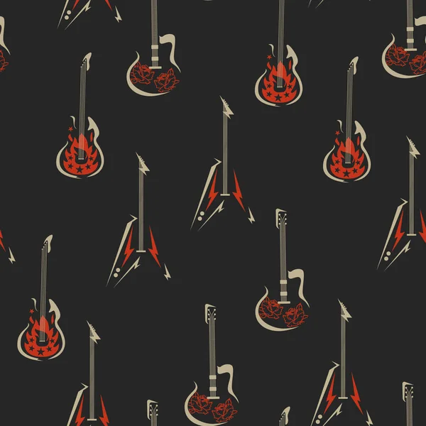 Vector Rock Roll Guitarras Patrón Sin Costuras Fondo Negro Perfecto — Vector de stock